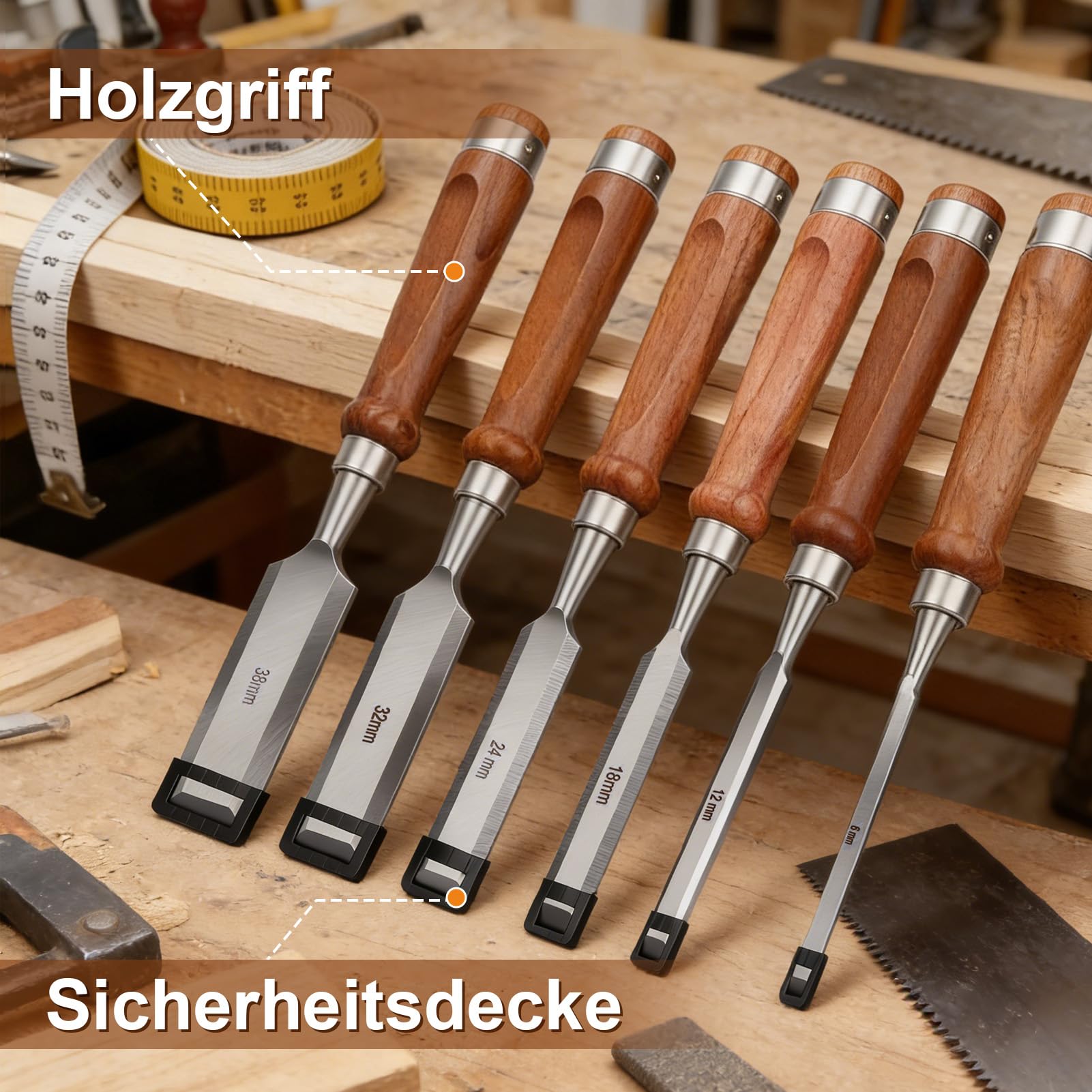 Stechbeitel Set für Holz, 8Pcs Stemmeisen mit Schleifstein & Schleifhilfe, Stecheisen Satz für Anfänger und Profis, Holzmeiselset Holzbearbeitungswerkzeuge 6mm 10mm 12mm 18mm 24mm 32mm 38mm 50mm