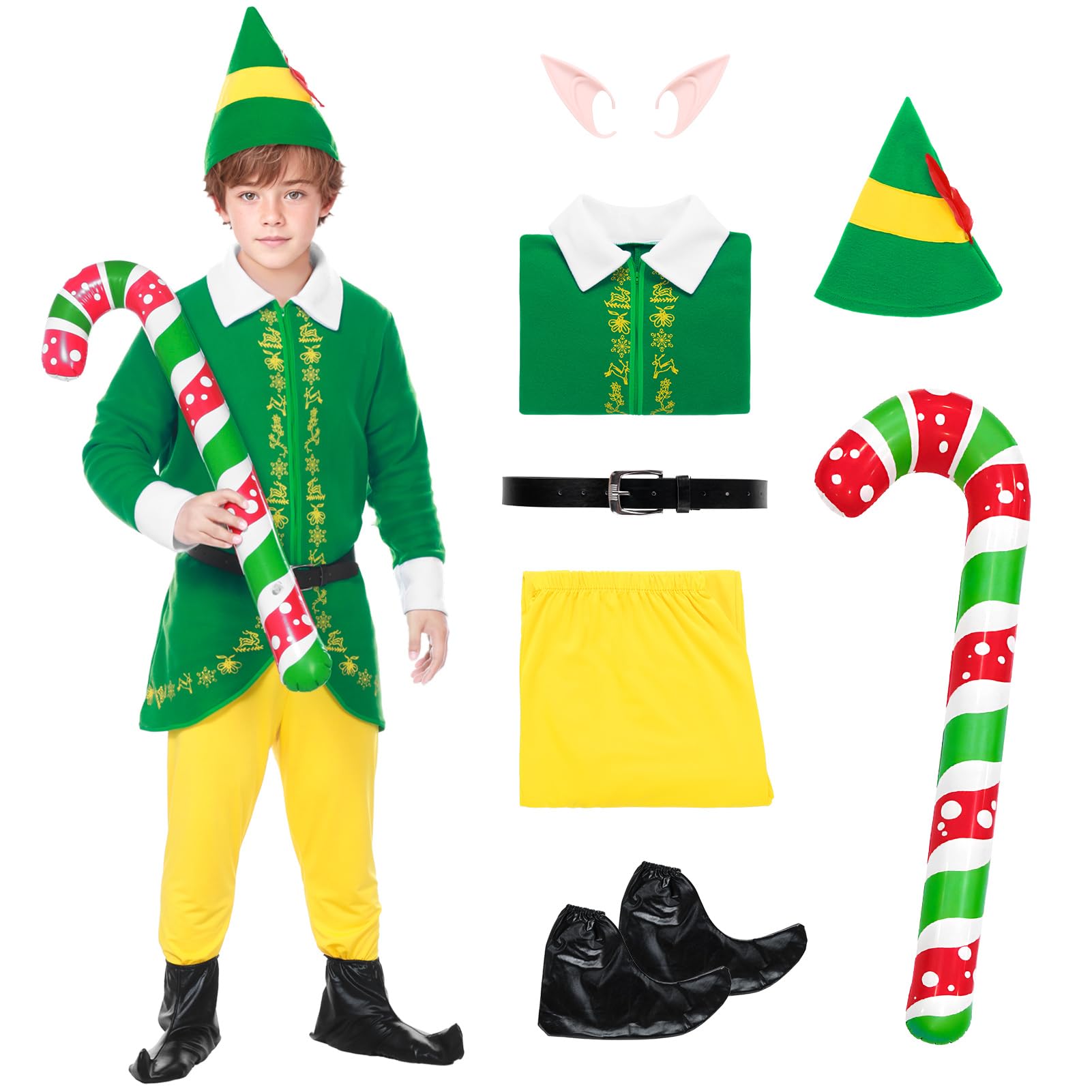 Suffolly Adult Christmas Elfs Costume,Cute Christmas Green And Yellow Elfs Costume Set (Boys, 140)