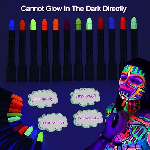 Miniatura 2 de Pintura facial de 12 colores que brillan en la luz negra para niños y adultos, crayones brillantes con luz negra UV, kit de maquillaje fluorescente