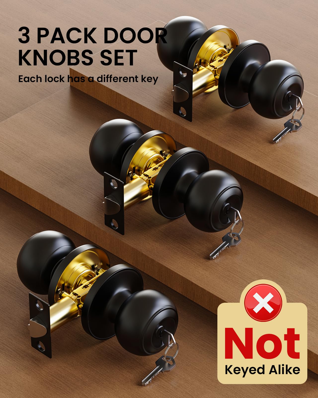 Matte Black Door Knobs with Key - 3 Pack -4