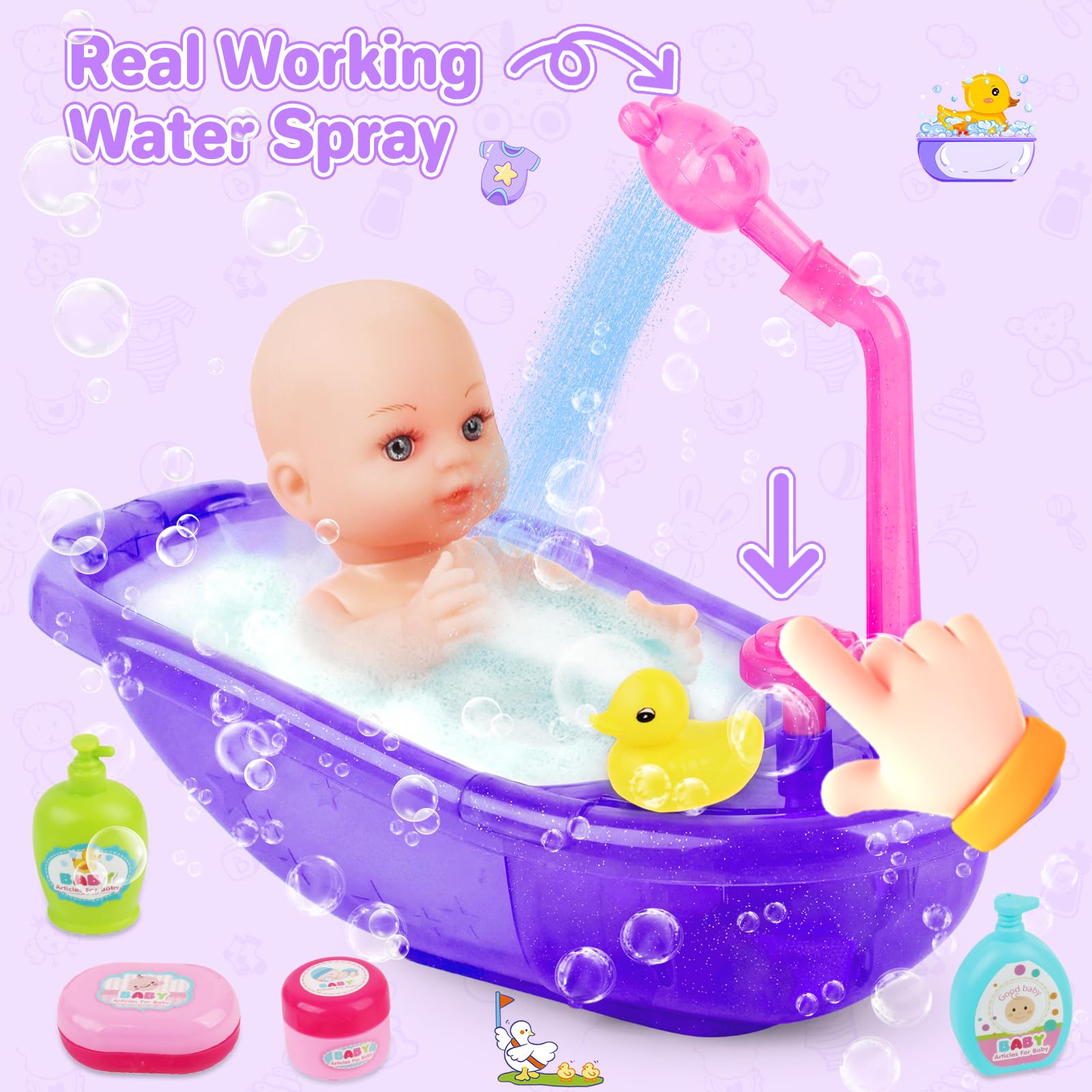 deAO Ensemble de Bain Poupon Jouet Avec Accessoires poupée bébé, Baignoire Jouet Pour Enfants Pour Enfants Pour Jeu de rôle Pour Enfant