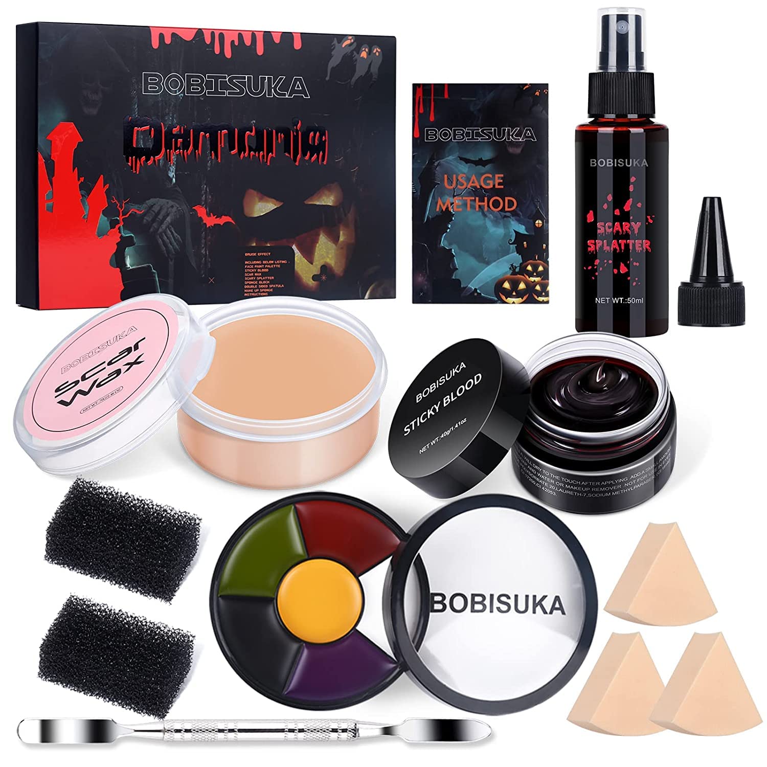 BOBISUKA Demonic Special Effects SFX Halloween Makeup Kit - 5 Colors Bruise Makeup Face Body Painting Palette + Scar Wax with Spatula Tool + Fake Blood Splatter Spray + Fake Blood Cream + Stipple Sponges