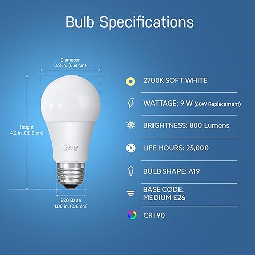 Miniatura 3 de Feit Electric OM60927CAAG Bombilla LED Inteligente A19 Equivalente a 60W, WiFi Regulable, No Requiere Concentrador, Alexa y Google Assistant, 4.4"