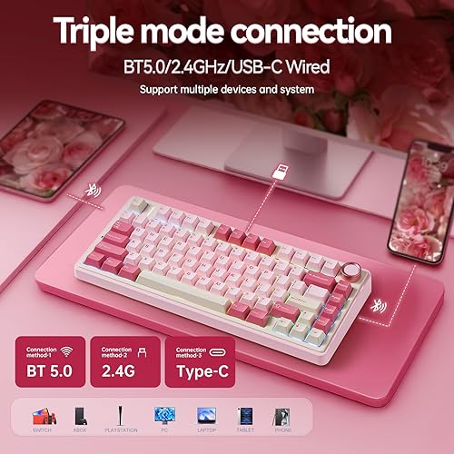 Miniatura 3 de AULA Teclado inalámbrico F75, 75% teclado para juegos intercambiable en caliente con sonido cremoso, Bluetooth2.4GHzUSB-C, teclado mecánico RGB