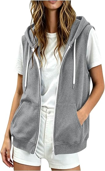 Womens Sleeveless Zip Up Hoodies Lightweight Casual Basic Solid Loose Fit Vest Sweatshirt with Pockets