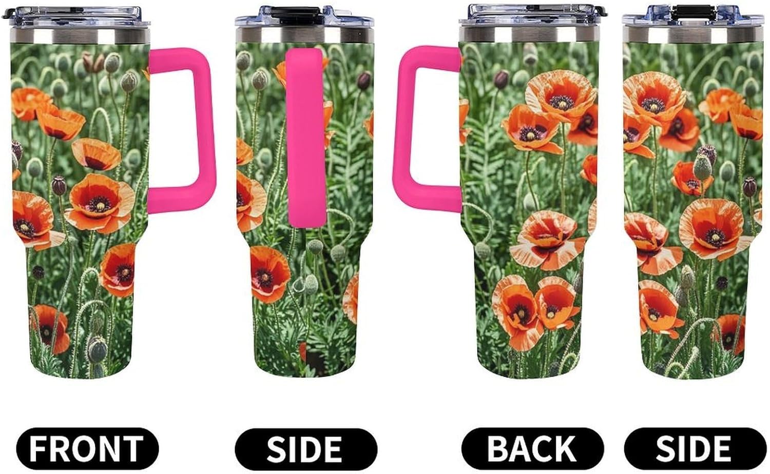Red Poppy Flowers Leaves Travel Coffee Mug Reusable Durable Stainless Steel Insulated Tumbler with Handle And Straw Leak Resistant Portable Thermal Cup Gifts for Men Women 40 Oz