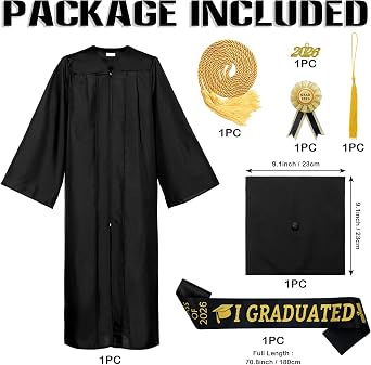 Graduation Gown and Cap Class of 2026 Graduation Gown with Graduation Hat Graduation Sash Rope Classic Graduation Cap and Gown for High School University Master's Degree Doctorate