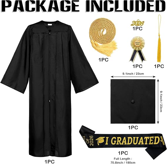 Graduation Gown and Cap Class of 2026 Graduation Gown with Graduation Hat Graduation Sash Rope Classic Graduation Cap and Gown for High School University Master's Degree Doctorate
