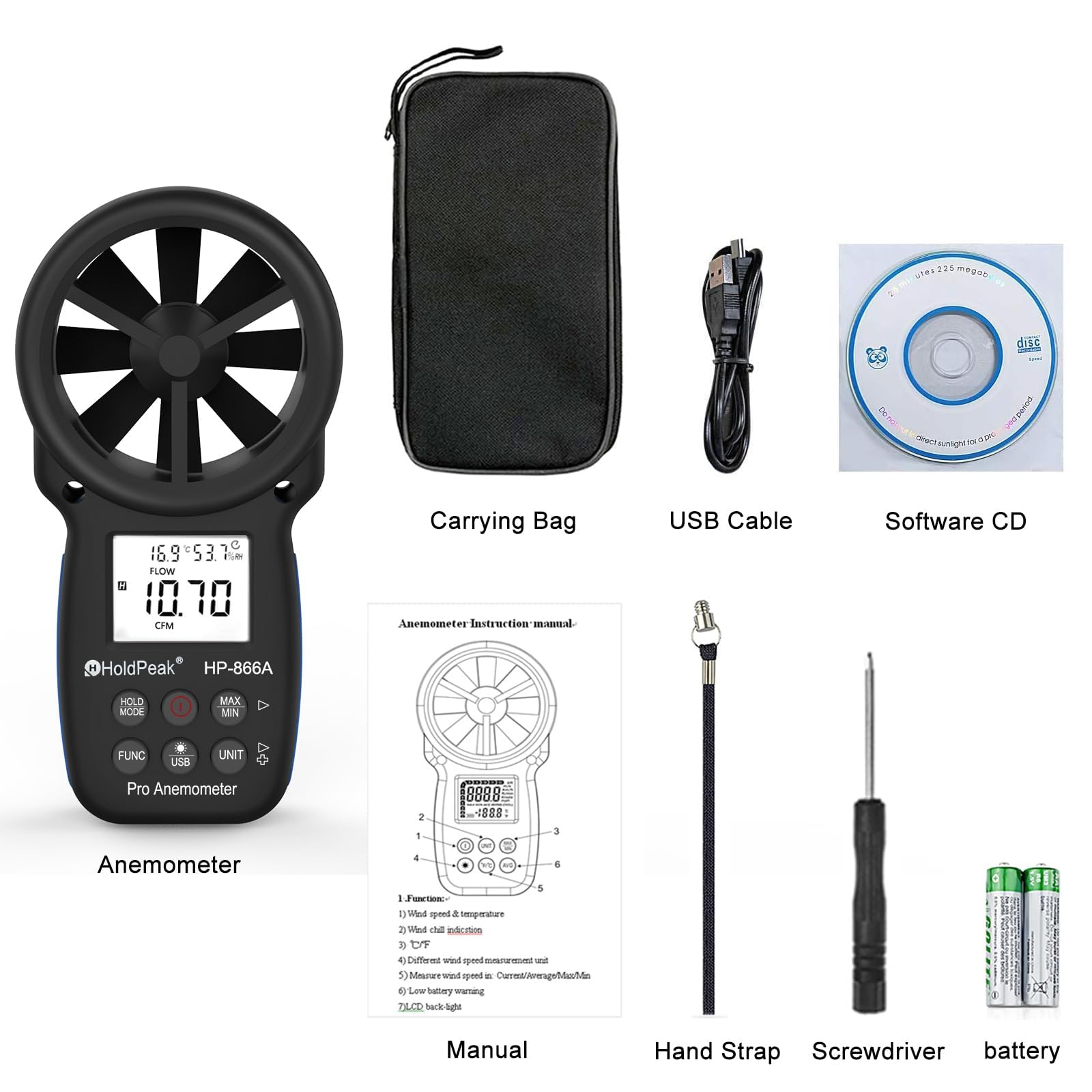 HoldPeak Anémomètre Digital Portable 866A, Anémomètre VMC m3/h avec Mémorisation Des Données, Mesure Débit et Vitesse Du Vent d'air et Humidité, Exportation via USB