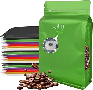 Coffee Bags with Valve, 50pcs Zipper Coffee Bean Storage Bags, Green Aluminum Foil Stand Up Pouches with Window for Home Business (16oz, 1lb)