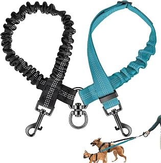 Doppelte Hundeleine,Doppelleine fur Zwei Hunde,Kein Verwirren,360° Drehbarer Splitter,mit Verstellbarem Gurt und Stoßdämpfendem Bungee,für Spaziergänge und Training Kleiner Bis Großer Hunde (Blau)