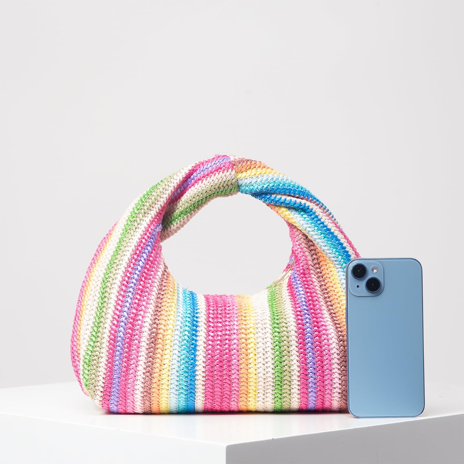 Borsa Spalla Paglia Rainbowhand-Woven, A Mini Maniglia Knotted-Top per Le Vacanze sulla Spiaggia E Escursioni Casual-Multi