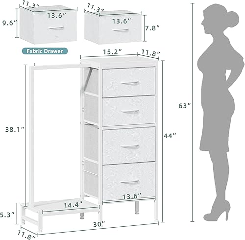 Miniatura 5 de Cómoda con estante para colgar, armario pequeño de 4 cajones para dormitorio, cómoda de tela reversible para niños con perchero, torre de