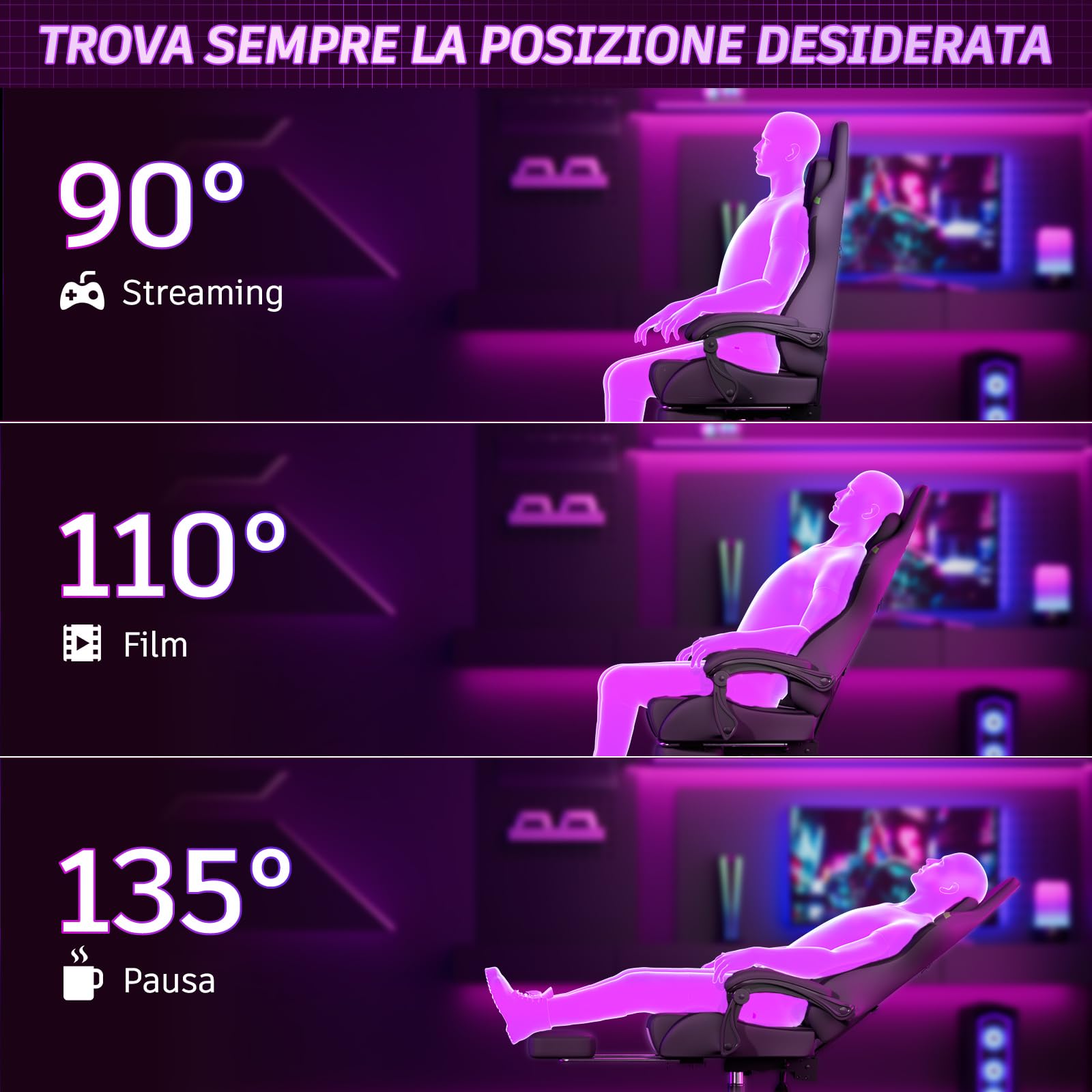 Soontrans Sedia da Gaming con Massaggio KJ433 Sedia Gaming con Poggiapiedi e Cuscino e Poggiatesta, Reclinabile 135°, Pelle Sintetica (Nero-Grigio)