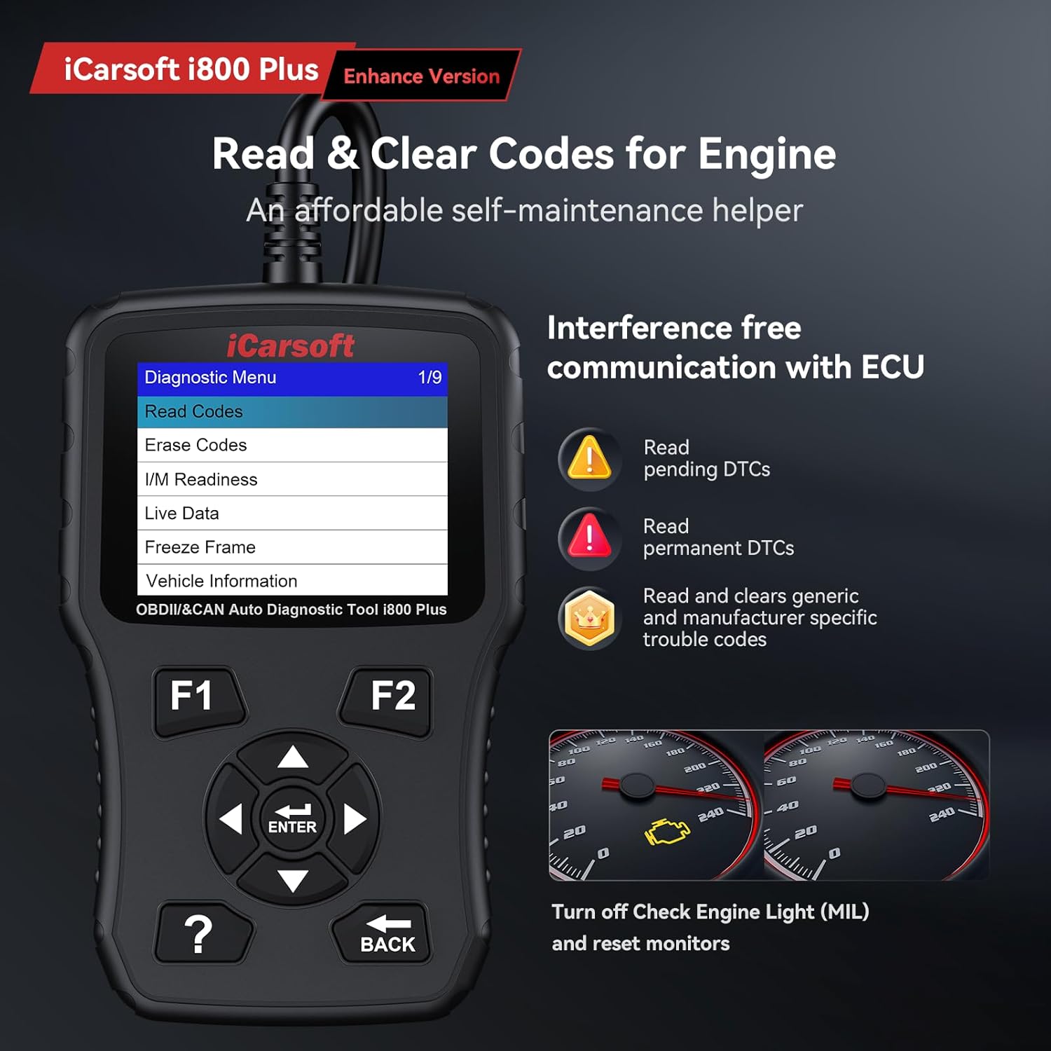 iCarsoft i800 Plus screen showing diagnostic menu with options to Read Codes, Erase Codes, and I/M Readiness.