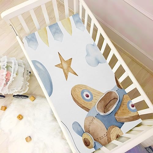 Miniatura 6 de CEBUGI Sábana bajera elástica para cuna para bebé, niño y niña, paquete mini portátil de avión en las nubes, sábana bajera para juego neutral,