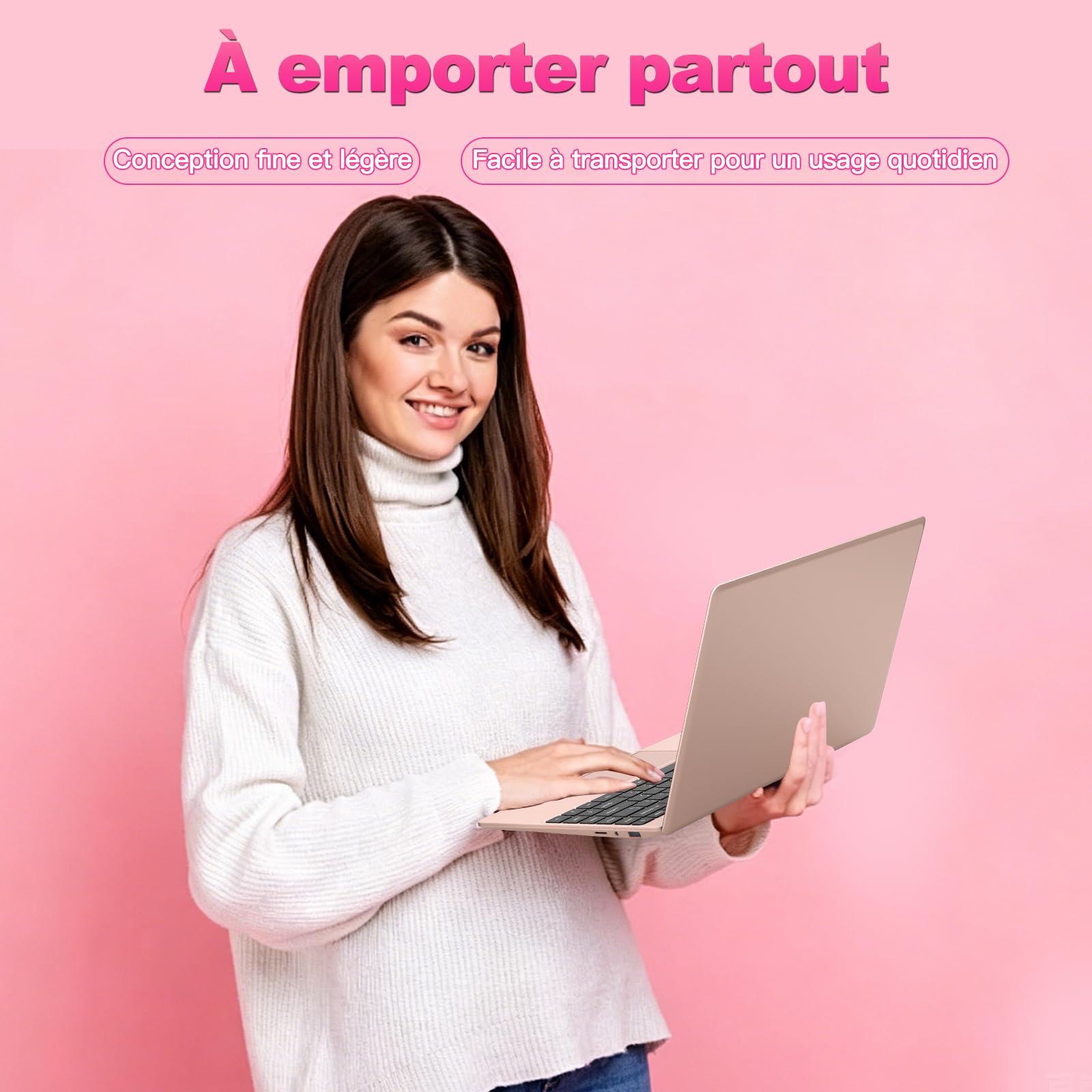 bvate Ordinateur Portable 14" 256 Go Win 11 N4020 Support Expansion 1 to SSD 1080P 2.4G+5G WiFi Mini HDMI & Souris sans Fil et Un Film de Clavier AZERTY pour Clavier - Or Rose