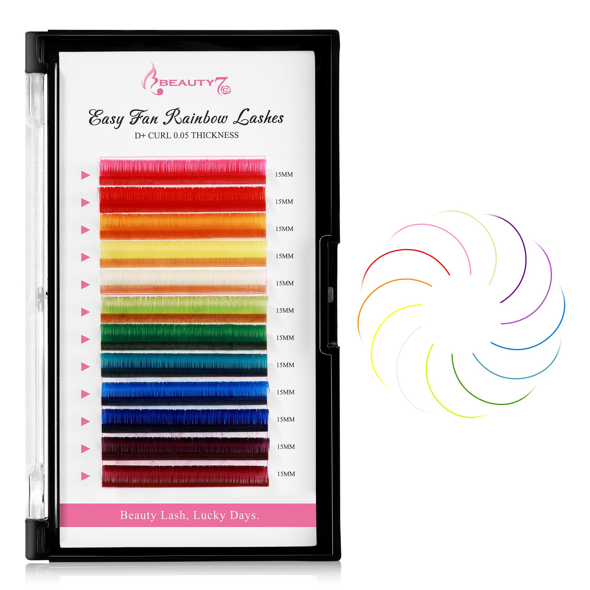 Beauty7Colored Lash Extensions Rainbow Lashes Easy Fan 12 Colors Lashes Self Fanning Ombre Lash Extensions D+ Curl 0.05mm thickness 15mm Dramatic Eyelashes Extension