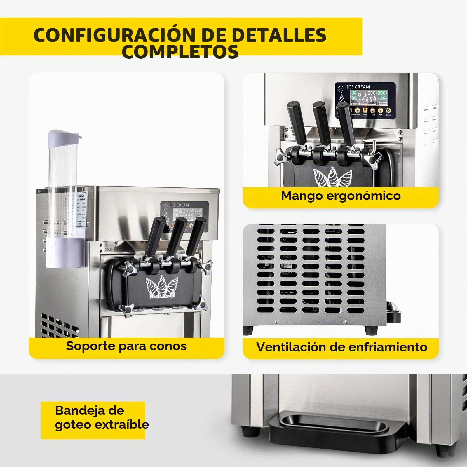 Máquina de Helados Comercial 2X3L 1200W 18L/h 3 Sabores Máquina para Hacer Helados servicio suave con Panel LCD Limpieza Automática para Yogur Café Snack-bars Restaurante Mercado Tienda