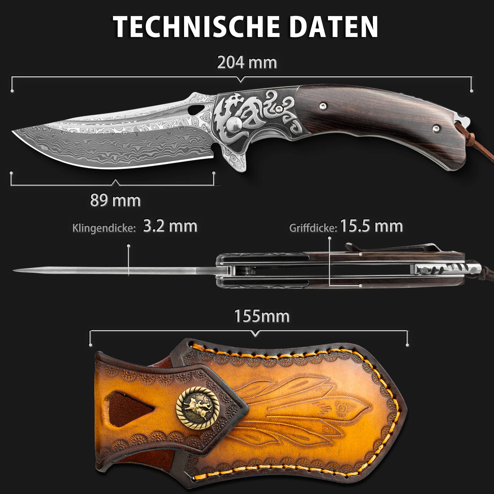 LOTHAR RHAEGAL Damast Klappmesser, Taschenmesser aus 67 Lagen VG10 Damaststahl, Damast Einhandmesser mit Holzgriff, für Sammlung oder Geschenk (Ebenholz)