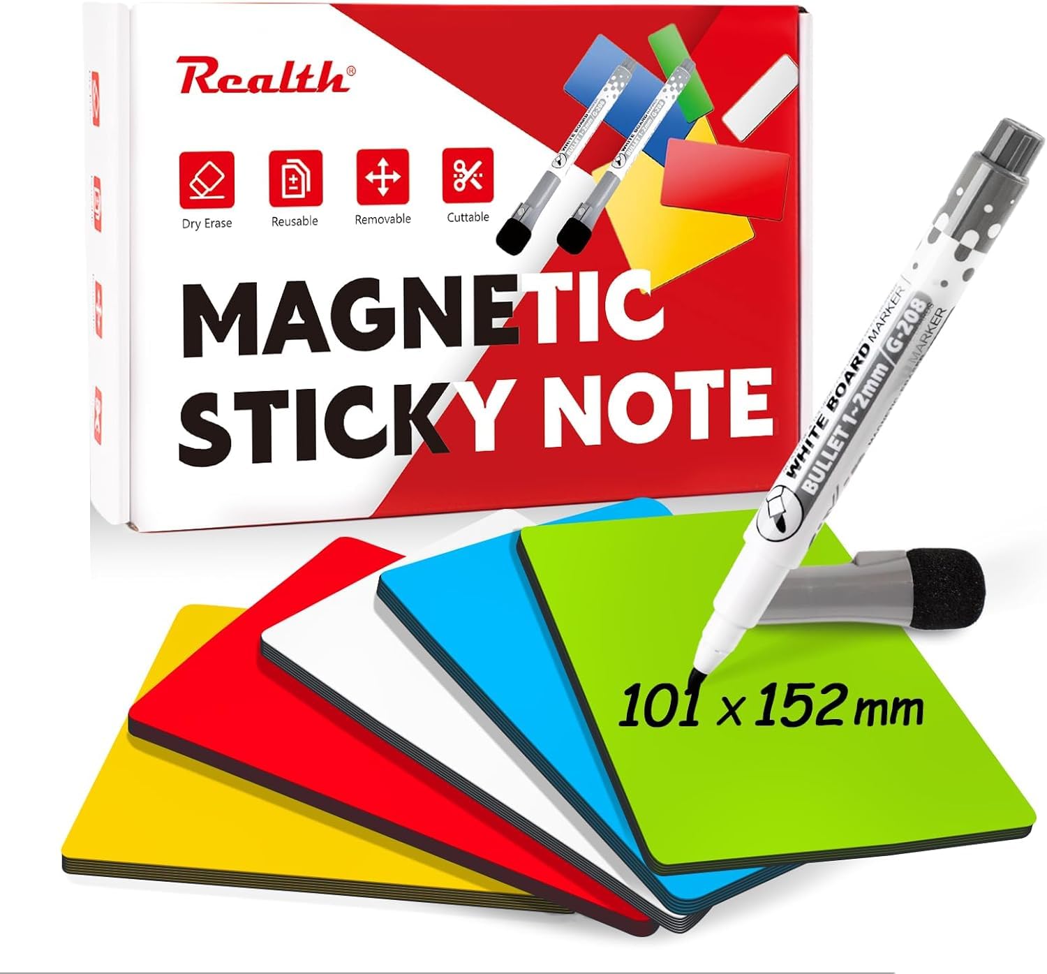 Realth Magnetic Reusable Sticky Notes 4"X6" 20 Pack with 2 Markers, Dry Erase Magnetic Notes, Waterfroof Magnetic Labels for Whiteboard, Fridge, Locker, Cabinet, Door, Office & Classroom Supplies