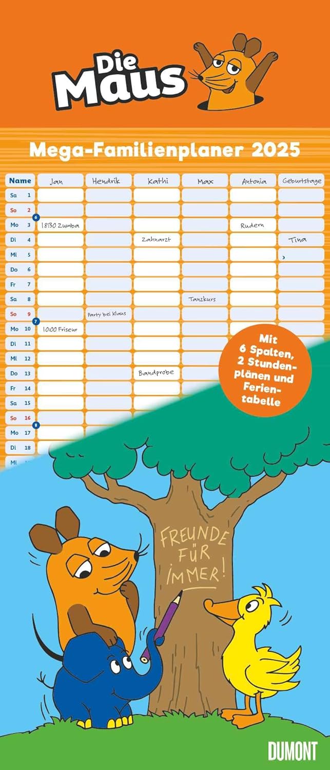 Dumont The Mouse 2025 Mega Family Planner, 30 x 70 cm, Calendar with 6 Columns, Family Calendar with 2 Timetables and Holiday Chart: For Sending with the Mouse