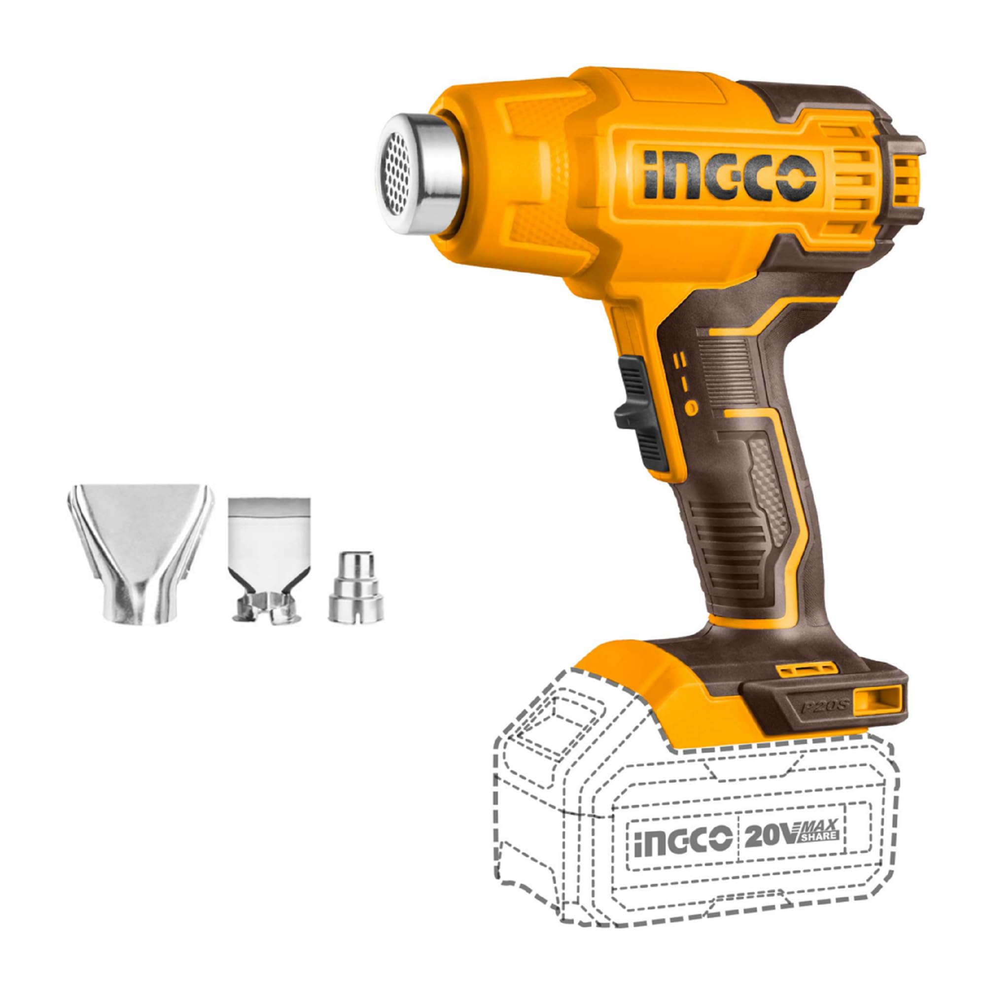 INGCO Pistolet à Air Chaud Sans Fil 20V (Produit Seul) Contrôle de Température Variable, 300/550 °C, Decapeur Thermique Portable avec 3 Buses HGLI2002