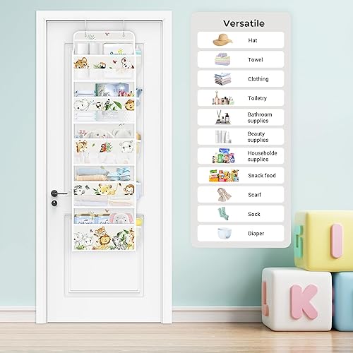 Miniatura 3 de Clastyle Organizador de elefante, león, para niños, sobre la puerta, almacenamiento de hojas tropicales, 5 estantes, armario, guardería, estantes