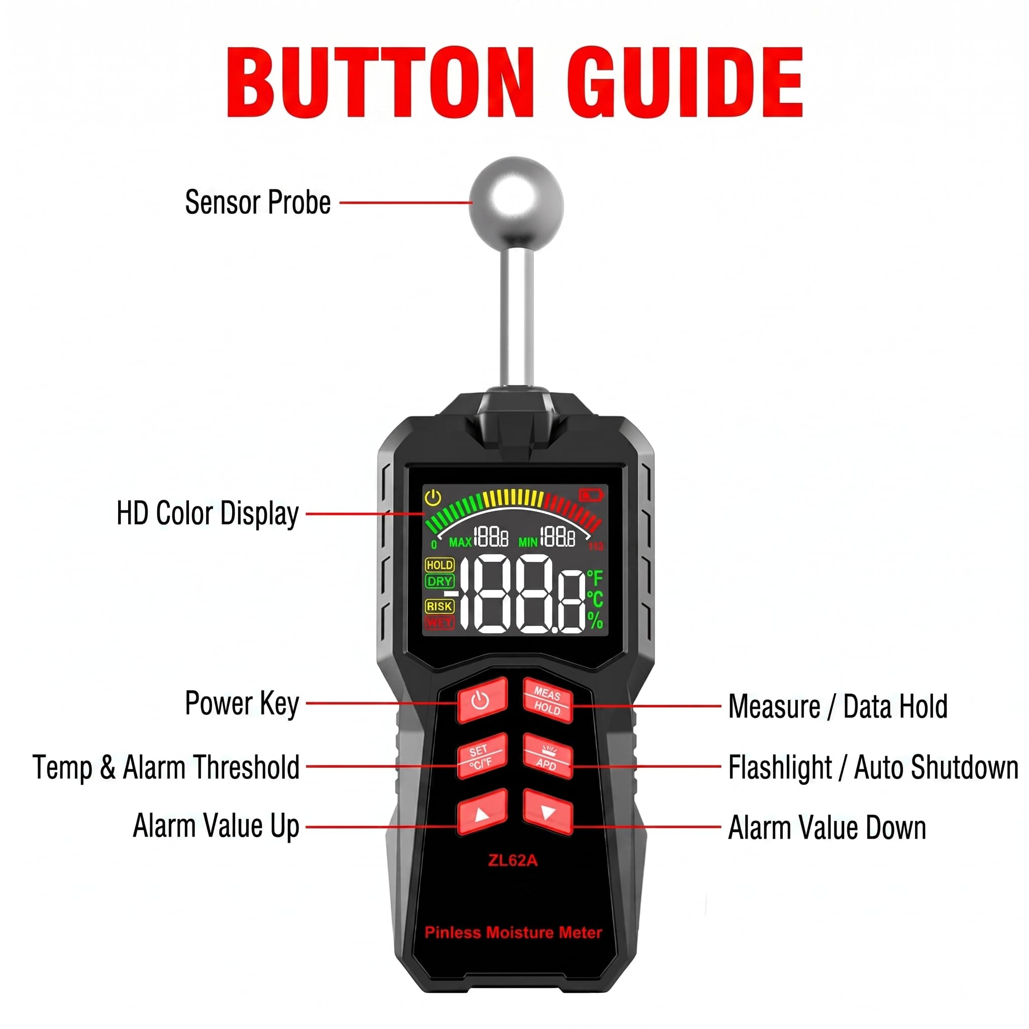 Medidor de humedad de pared Pinless con sensor de bola, LCD de color para