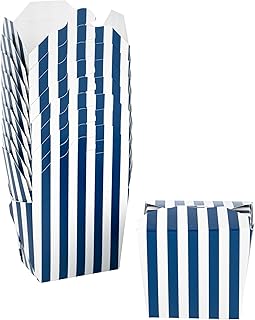 Restaurantware Bio Tek 2.8 x 2.2 x 2.5 Inch Food Containers 200 Noodle Takeaway Boxes - Disposable Striped Blue And White Paper 8 Ounce Take Out Boxes Rectangle For Hot Or Cold Foods