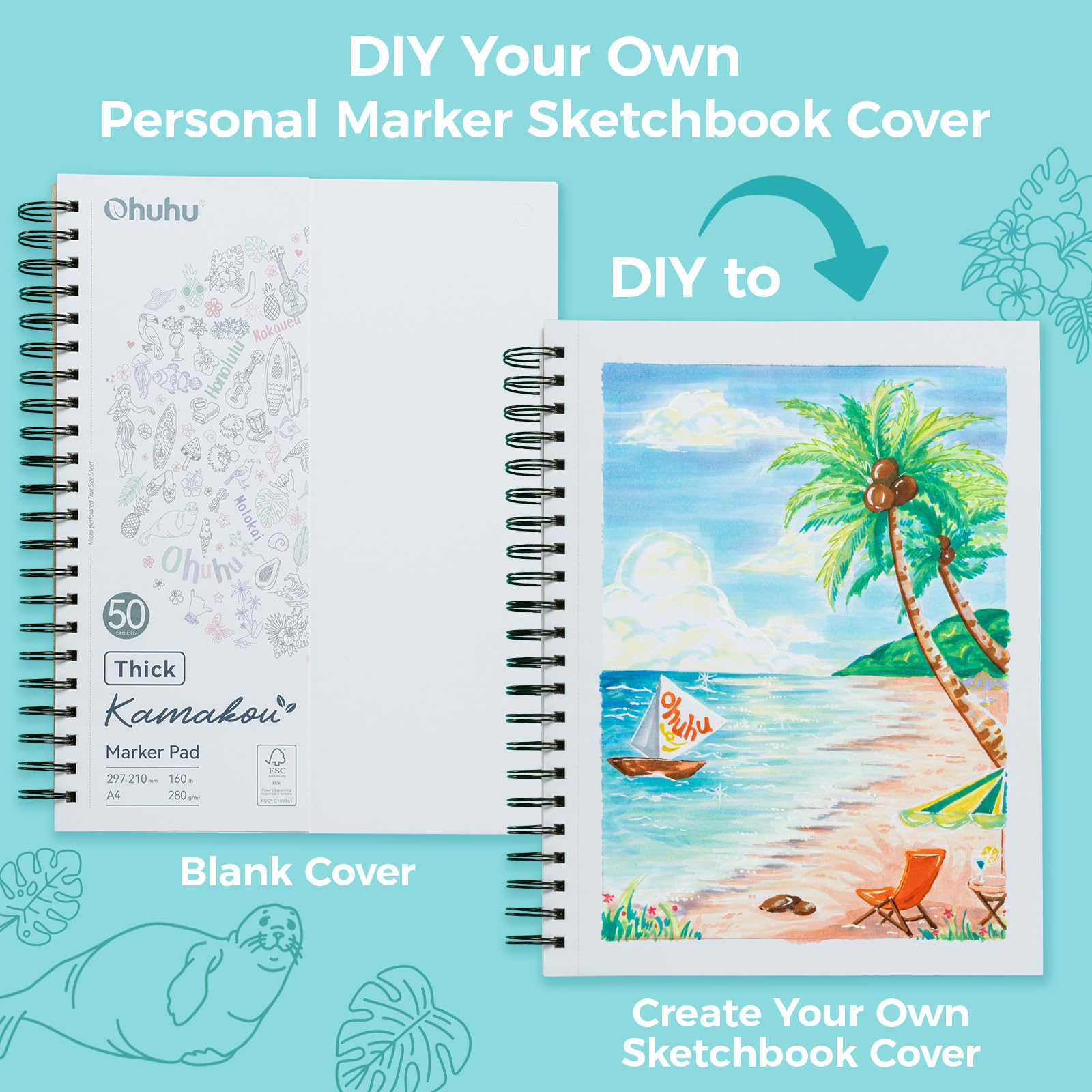 Ohuhu Cuaderno de Dibujo A4 - Sin Traspaso, Papel Extra Grueso Mejorado 280 g/m² – 50 Hojas (100 Páginas) Usables por Ambos Lados – Encuadernación en Espiral – Para Rotuladores Alcohol