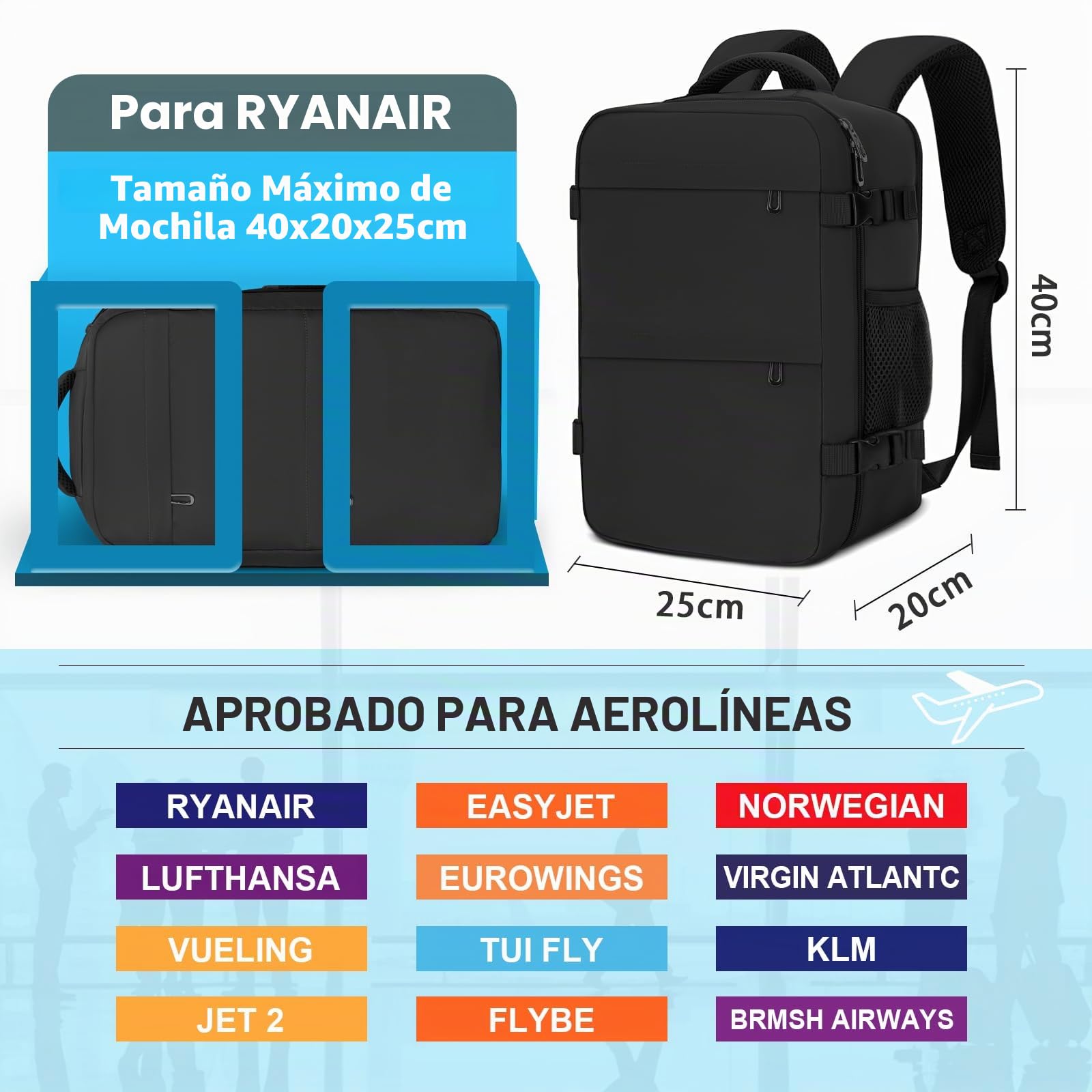 Mochila Viaje Cabina Avion 40x20x25, Mochila de Cabina para Ryanair, Maletas de Viaje Cabina, Travel Backpack, Mochila Portatil Hombre Mujer, Equipaje de Mano Bolso Mochilas 20L - Negro