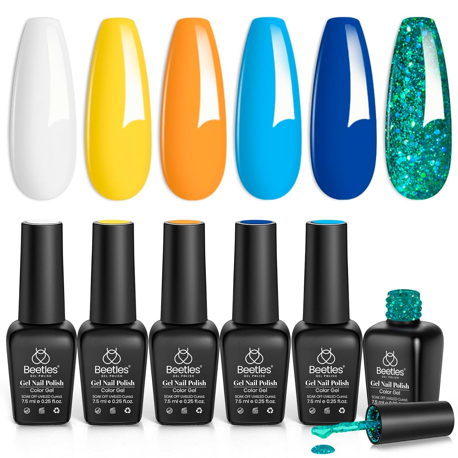 beetles Gel Polish Set, 6 Colors Yellow White Orange Blue Gel Polish Kit, Glitter Green Nail Polish Soak Off Nail Lamp Nail Art Manicure Kit, DIY Home Salon Gifts for Women