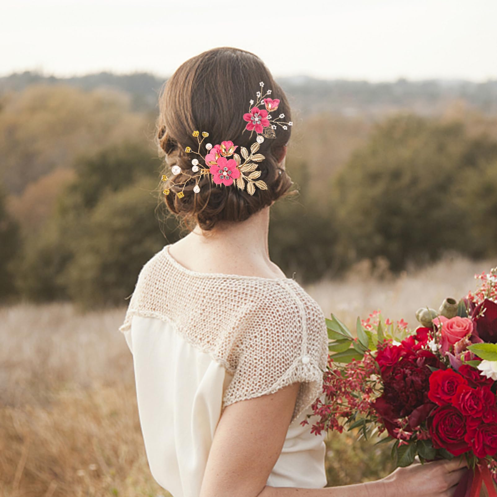 Juego de 4 Peinetas de Novia Flores y Decoración de Pedrería, Aleación, para Boda y Aniversario, Accesorio Delicado Cabello