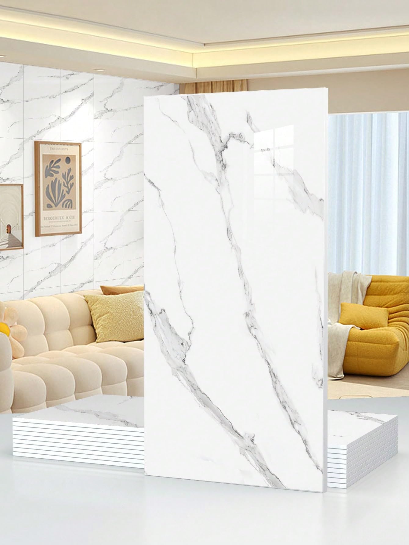 10pcs 23.6"x11.8" Marble Peel and Stick Waterproof Wall Panels (19.4 Sq. Ft. Coverage) - Heat-Resistant Backsplash Tile, PVC Wall Panels for Kitchen, Bathrooms, Living Rooms, Bedrooms, and TV Walls