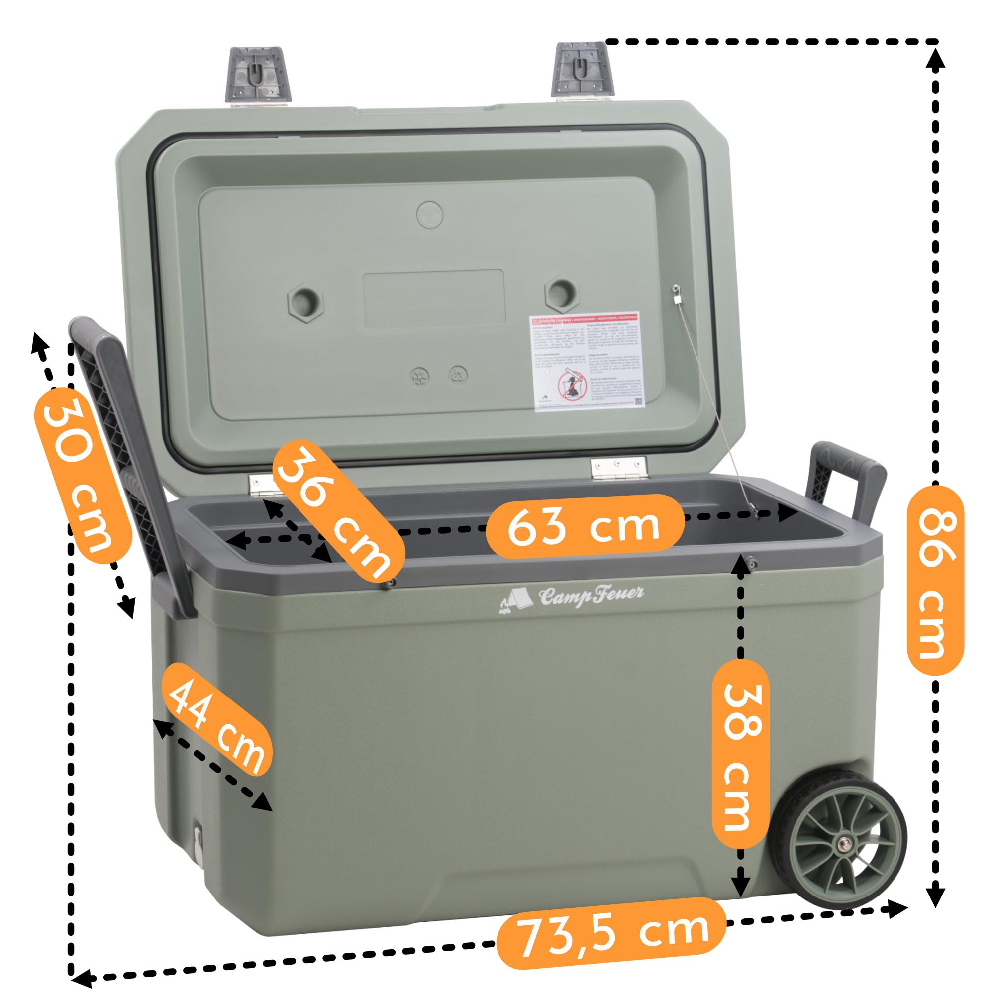 CampFeuer Glacière LightGreen 70 L avec roues | Glacière roulante, glacière isotherme avec poignées, glacière portable, boîte à glace, mini réfrigérateur | Thermobox, boîte à collations, glacière