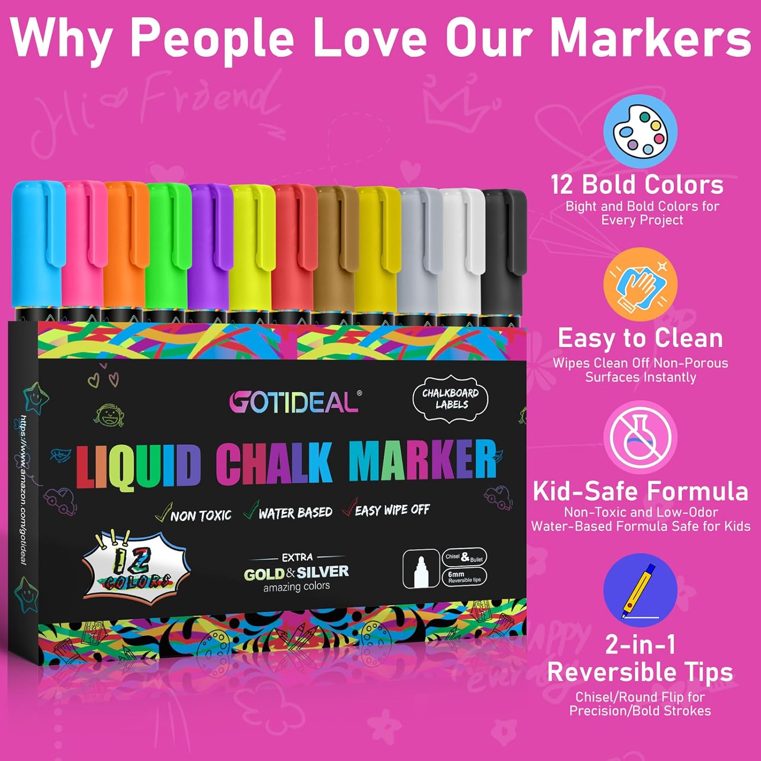 GOTIDEAL Chalk Markers,12 Colors Liquid Chalk Markers for Blackboard Chalkboard Glass Neon Pens, Washable Window markers Paint and Drawing for Car, Auto, Calendar, Menu,Mirror Wet Erasable Chisel Tip - Image 2