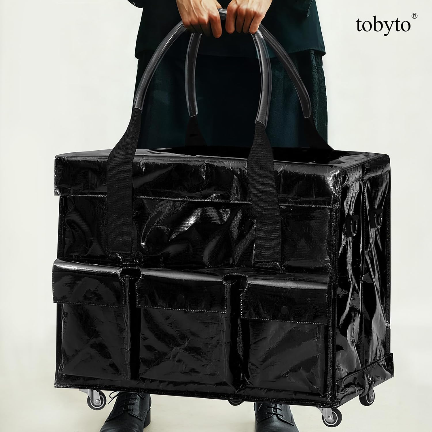 tobyto reusable grocery bag on wheels, 105l foldable rolling tote, shopping trolley 66lbs capacity - water-resistant for laundry, picnic, storage & travel black