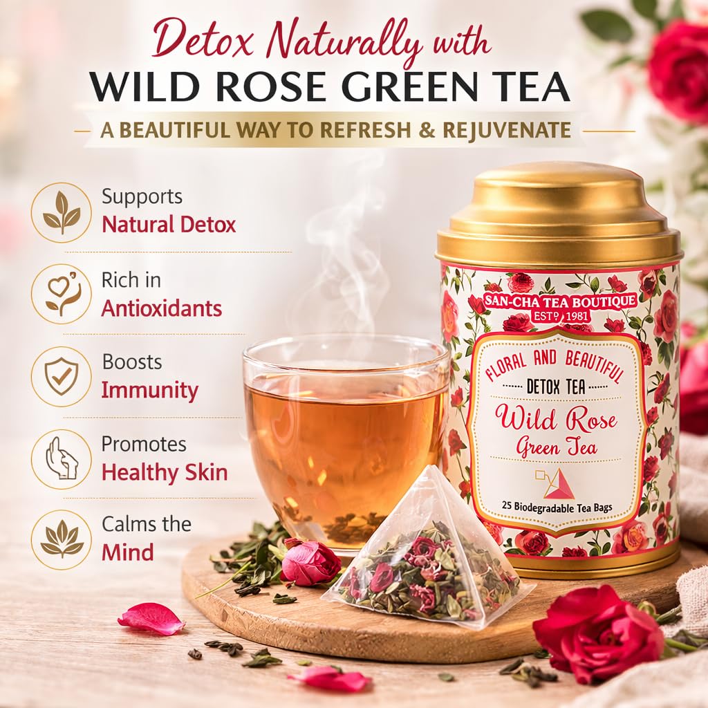 Sancha Tea Boutique, Wild Rose Green Tea, 25 Pyramid Tea Bags, Floral & Refreshing Blend with Real Rose Petals, Rainforest Alliance Certified — Amazon image 3