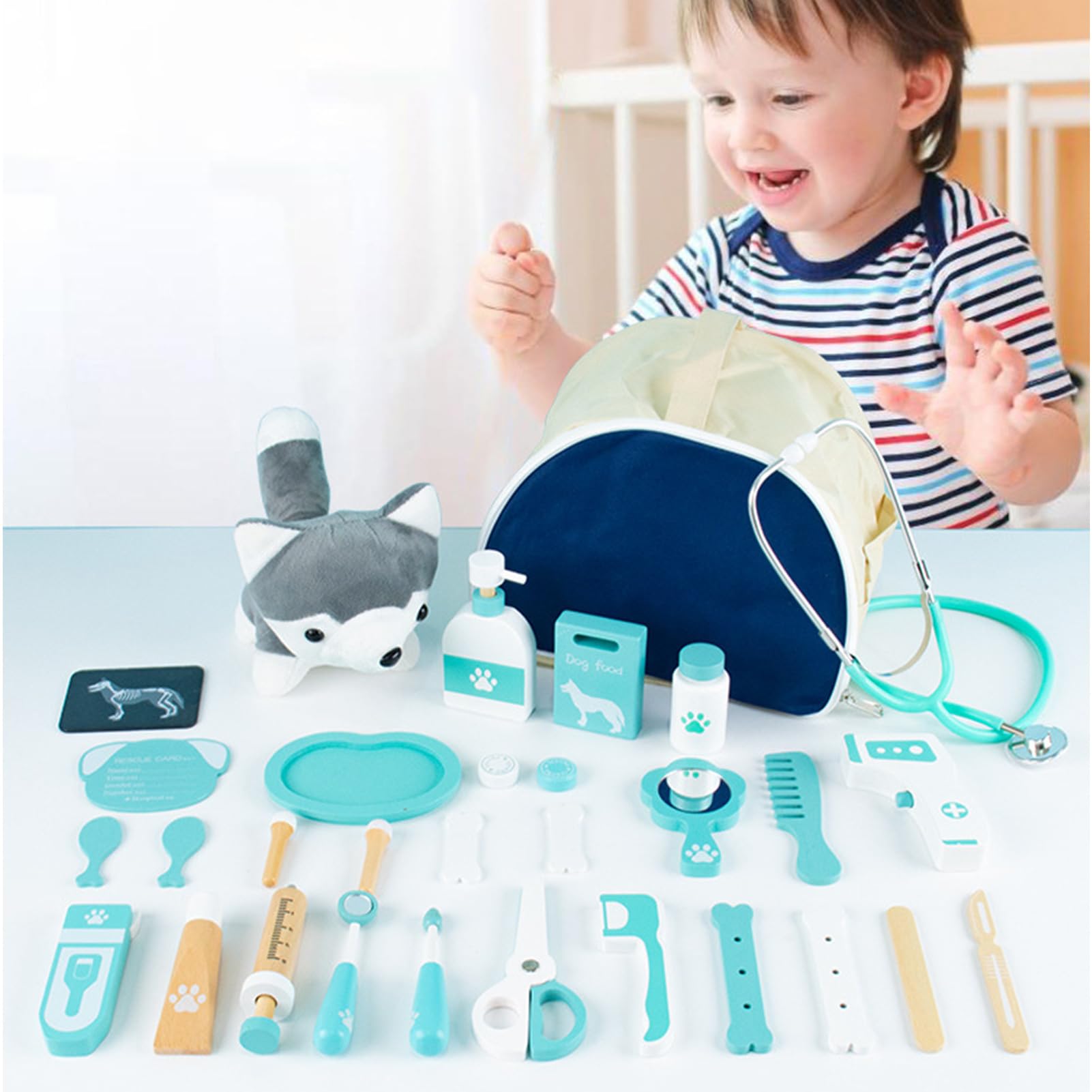 DASHIELL Playset da Dottore per Bambini Fai Finta di Giocare | Kit da Dottore Giocattolo Veterinario di Simulazione - Kit Giocattolo Veterinario per Giochi di Ruolo in Legno massello | Gio