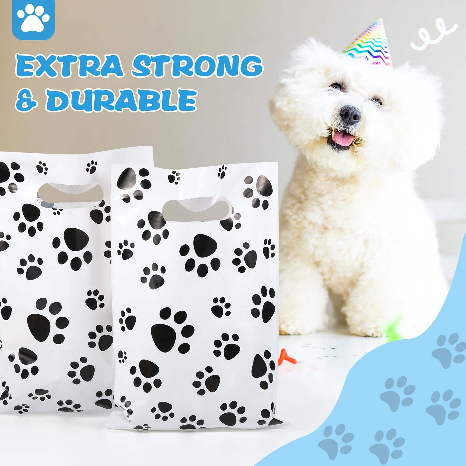 Pasimy 100 Pcs Dog Paw Gift Bags Bulk Pet Paw Puppy Plastic Treat Favor Candy Goodie Bags with Handle for Dog Birthday Party Decoration Supplies(White,Black)