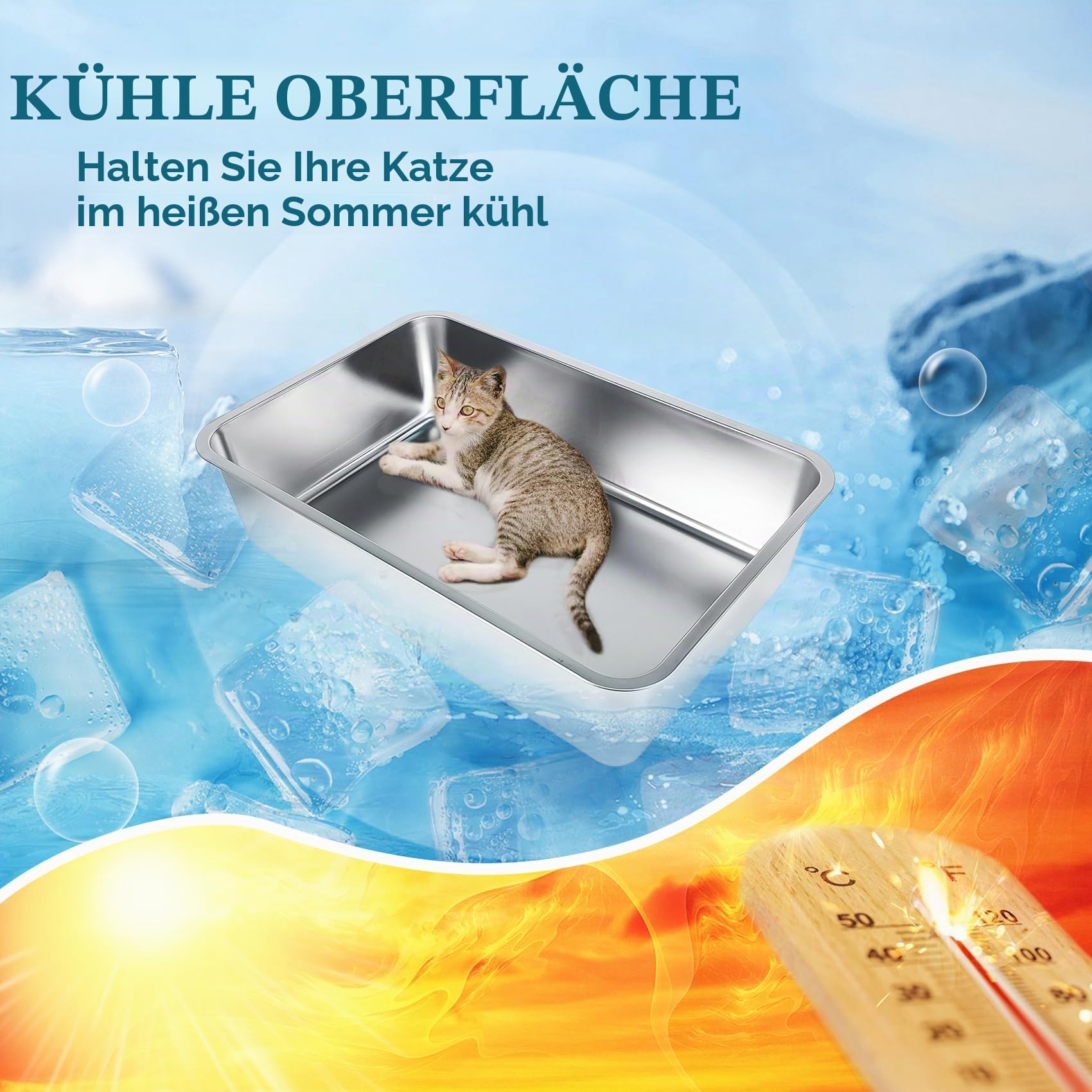 IKITCHEN Große Katzentoilette Edelstahl(50×35×15cm), Litter Box Katzenklo, Katzen und Kaninchen Metall klo, Niemals Gerüche, Fleckfrei, Rostfrei, Antihaft Glatte Oberfläche, Anti-Rutsch Gummiboden