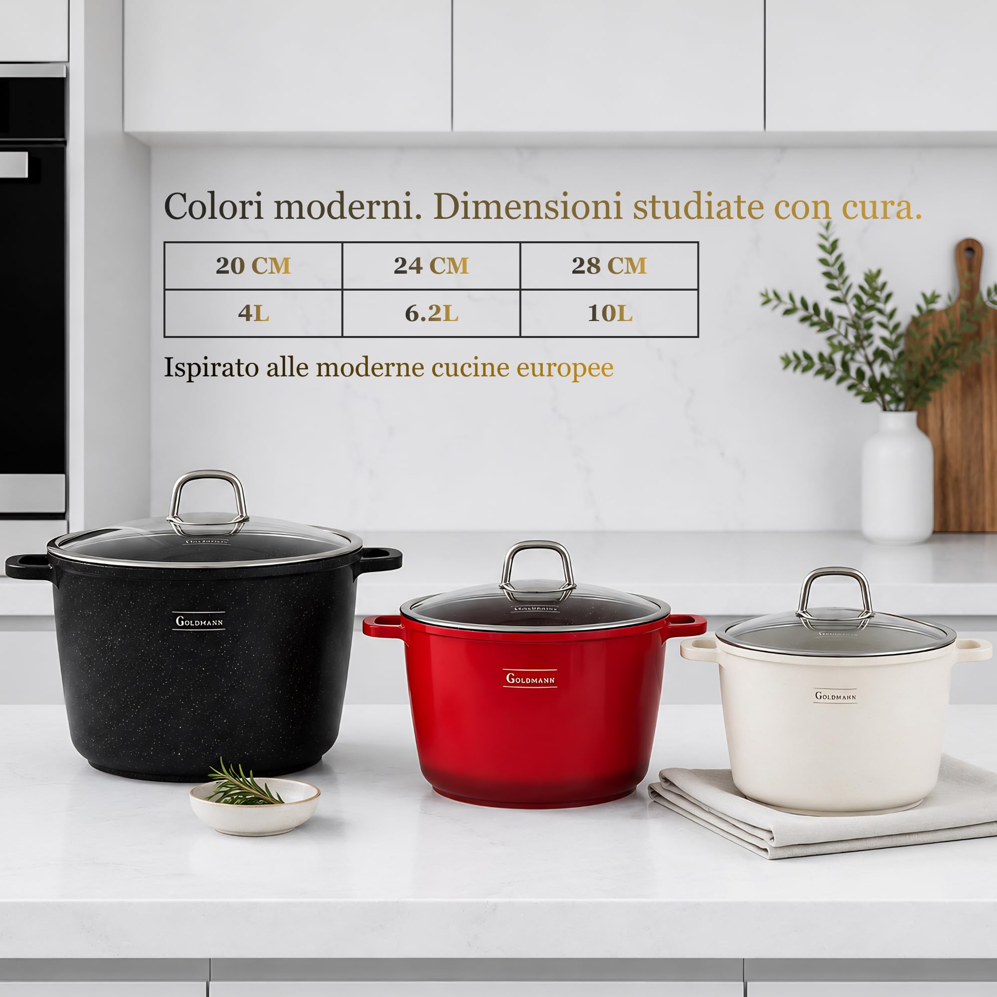 GOLDMANN pentola alluminio pressofuso da 28 cm e 10 L con rivestimento antiaderente in ceramica effetto marmo, coperchio in vetro, adatta a piani cottura a induzione e forno, senza PFOA.