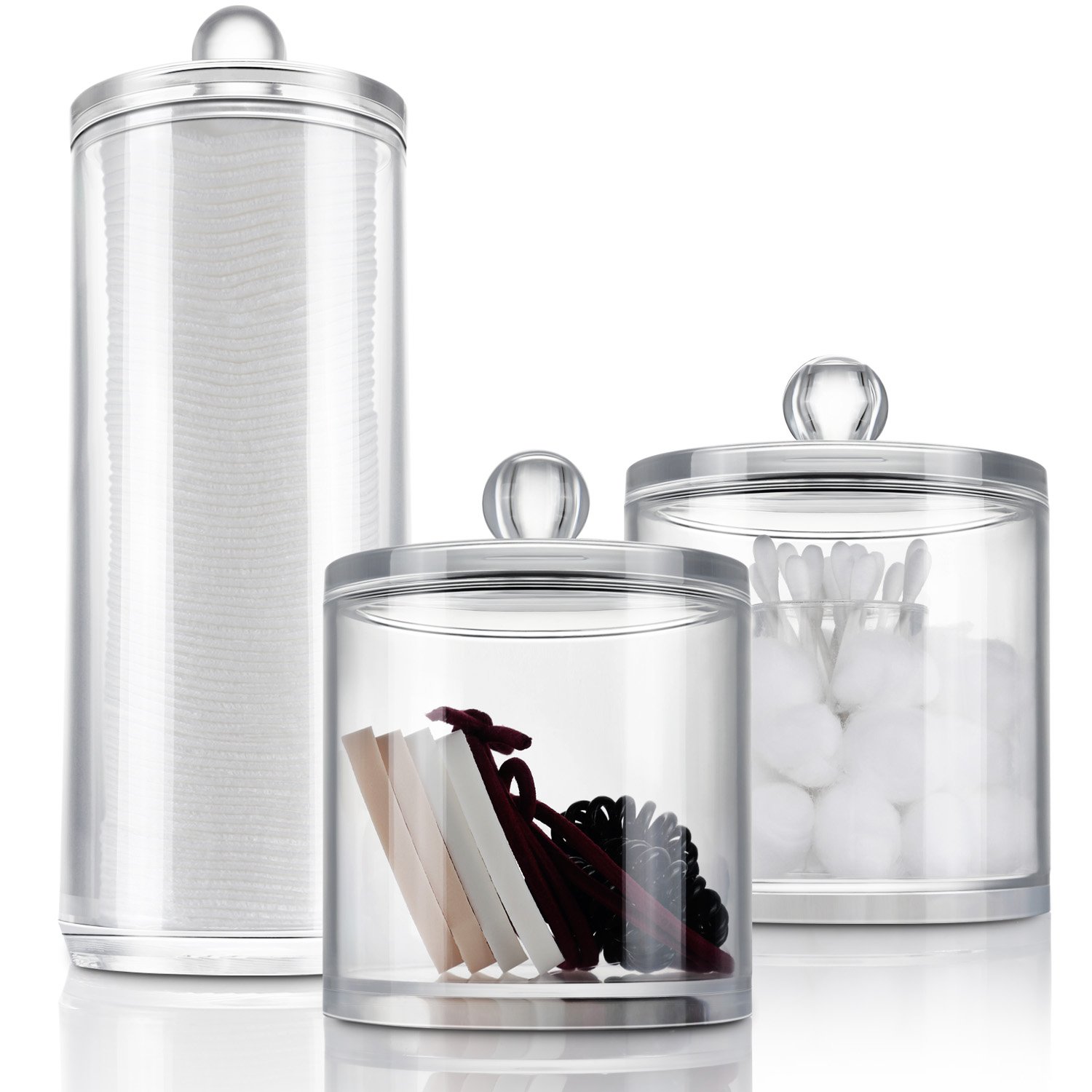 Miusco Acrylic Makeup Accessories Organizers Set, Q Tips Cotton Balls and Swabs Holders and Makeup Cotton Pads Dispenser