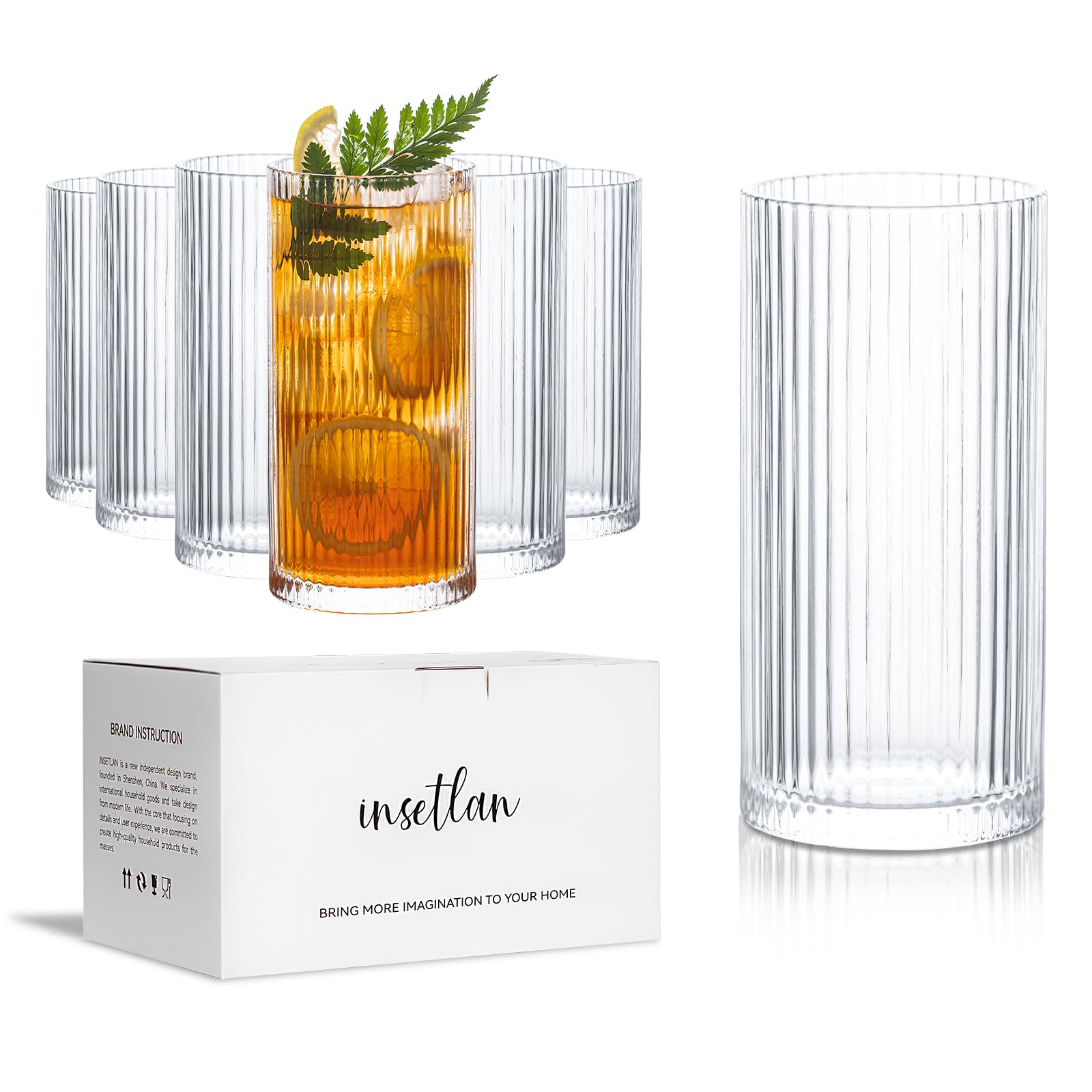INSETLAN 370ml Geriffelte Longdrinkgläser 6er Set Wassergläser Trinkgläser| Ideal für Whisky, Bier, Säfte, Eiskaffee & Cocktails | Spülmaschinenfest | Hochwertige Trinkgläser & Cocktailgläser