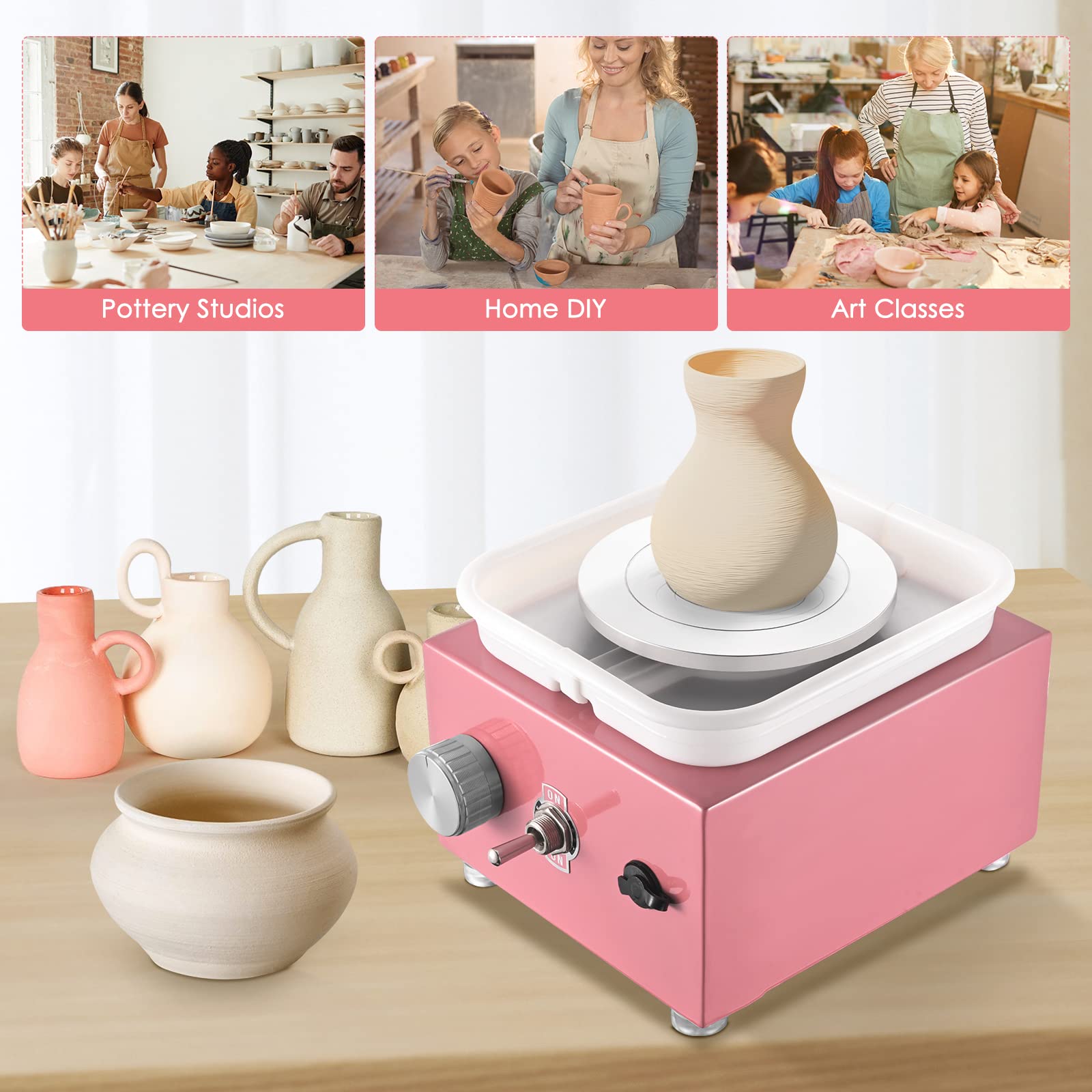 Mini Rueda de Cerámica, Máquina Eléctrica de Cerámica 30 W Velocidad 2000 RPM con Lavabo Extraíble de ABS y Plato Giratorio de 6,5/10 cm Máquina de Rueda de Cerámica para Niños, Adultos