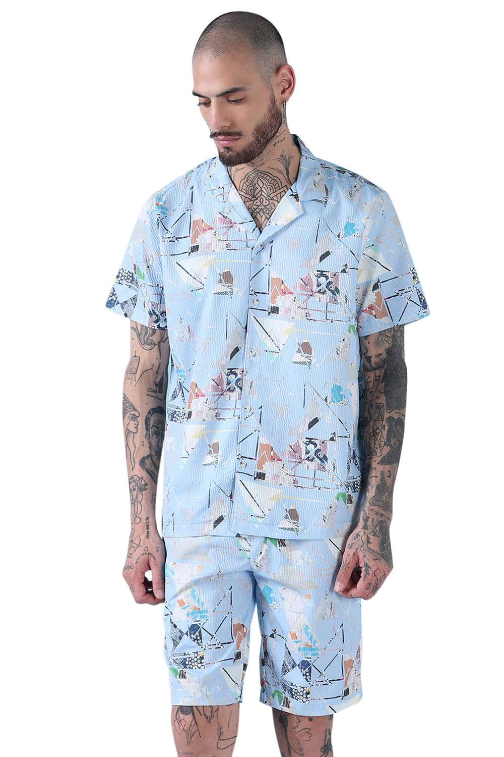 showoffff Edition Men's Blue Printed Cuban Collar Relaxed Fit Co Ords Set-Swat-4255_Blue_XL-picture-15