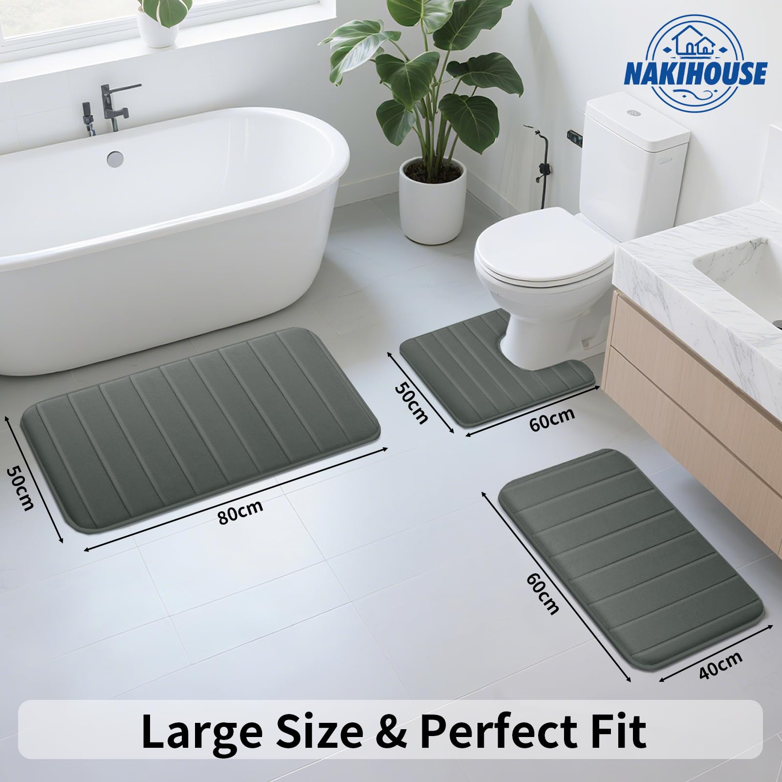 Set di 3 tappetini da bagno antiscivolo, lussuosi tappeti da bagno in memory foam, assorbenti d'acqua, morbidi, lavabili in lavatrice, tappetino da bagno per pavimento del bagno, grigio
