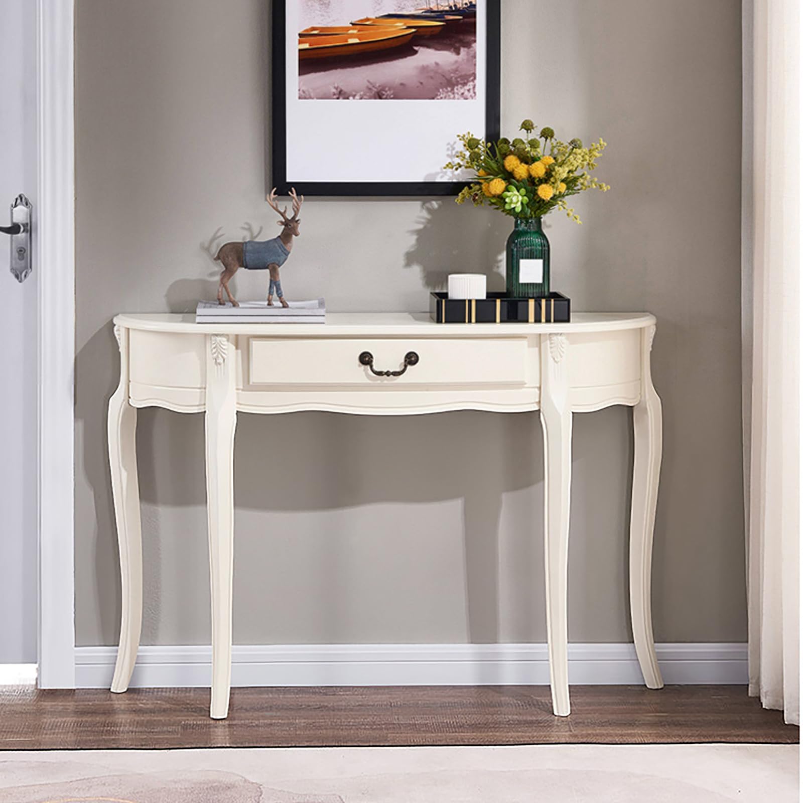 Mesa consola de media luna vintage para decorar esquinas vacías y optimizar vestíbulos