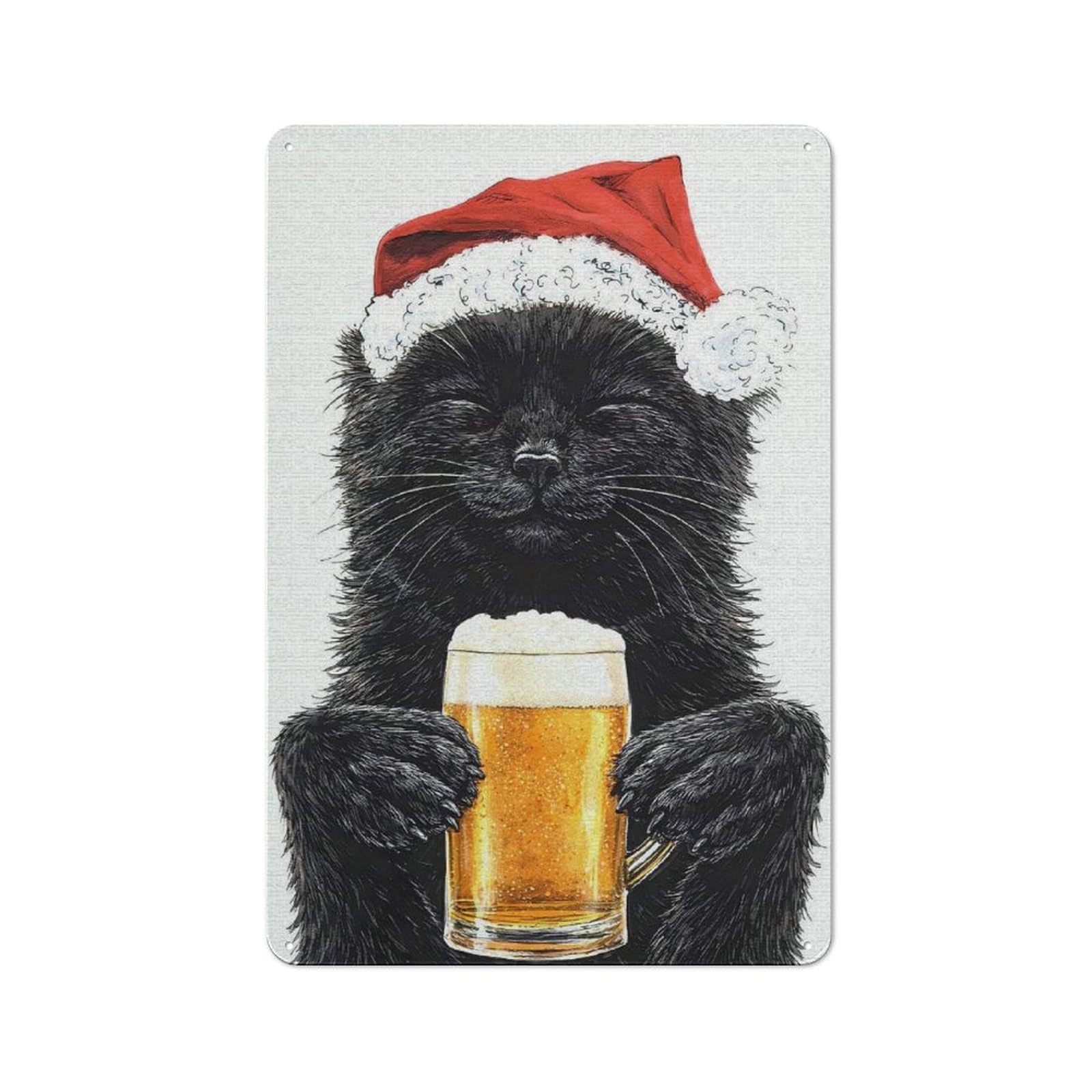 Black Cat in Santa Hat with Beer Vintage Metal Wall Decor 30x20cm, Vintage Metal Sign for Cafe, Bistro, Bakery Or Restaurant